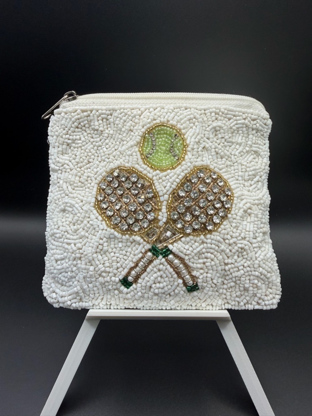 Beaded White Tennis Racket Wristlet Pouch